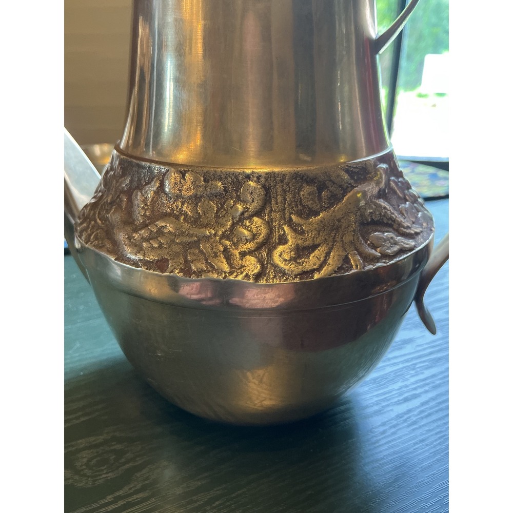 Vintage Brass Tea Coffee Pot Set with 2 Leaf Handle Cups Embossed Floral Pattern - Picture 10 of 16